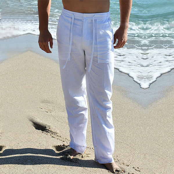 Pantalon d'été en lin pour homme, ample, jambes droites, ceinture élastiquée, idéal pour temps chaud.