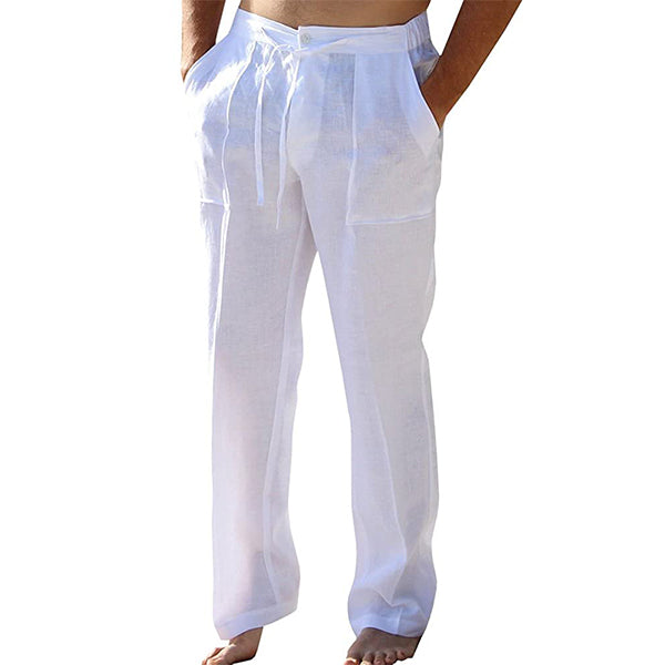 Pantalon d'été en lin pour homme, ample, jambes droites, ceinture élastiquée, idéal pour temps chaud.