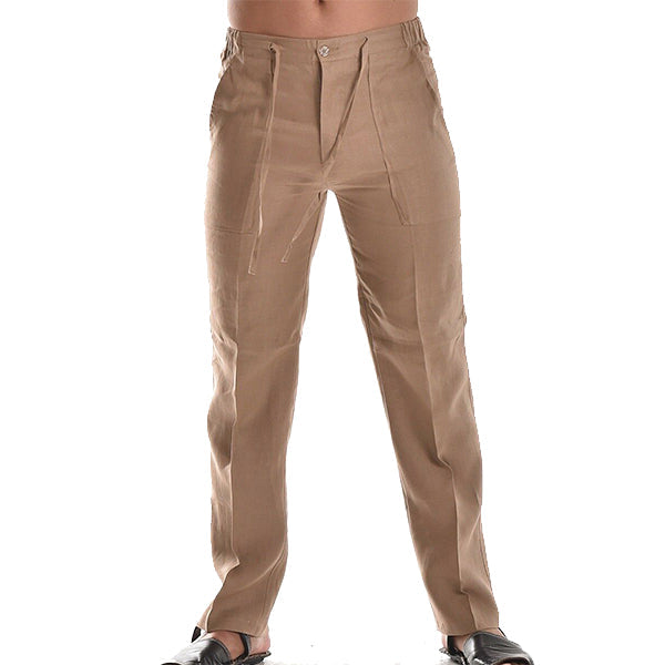 Pantalon d'été en lin pour homme, ample, jambes droites, ceinture élastiquée, idéal pour temps chaud.