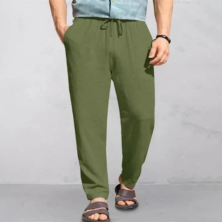 "Pantalon d'été homme en lin léger et respirant, style décontracté, couleur neutre, idéal pour chaud été."