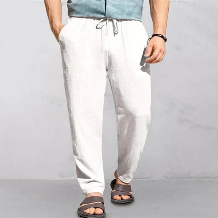 "Pantalon d'été homme en lin léger et respirant, style décontracté, couleur neutre, idéal pour chaud été."