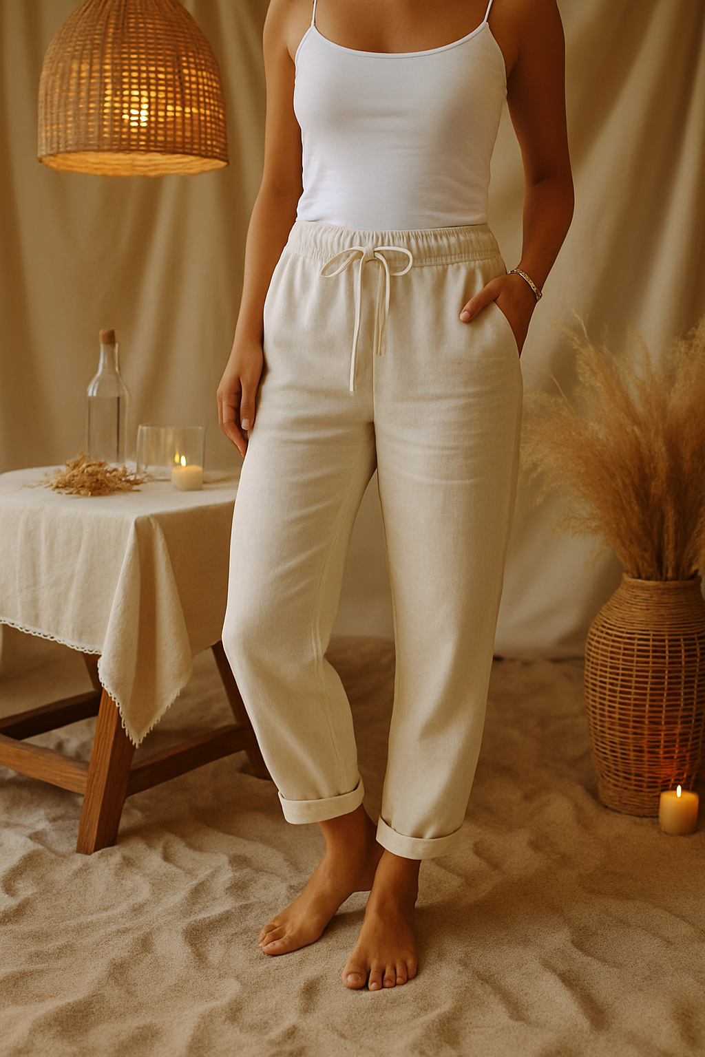 "Pantalon en coton et lin mixé, taille élastique, couleur kaki, coupe ajustée et confortable pour toutes occasions."