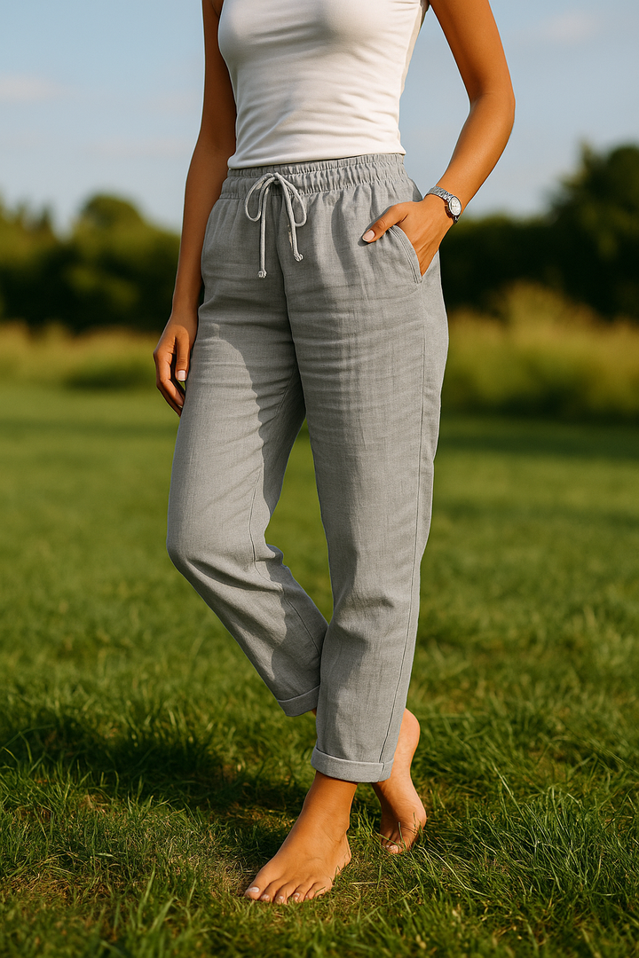 "Pantalon en coton et lin mixé, taille élastique, couleur kaki, coupe ajustée et confortable pour toutes occasions."