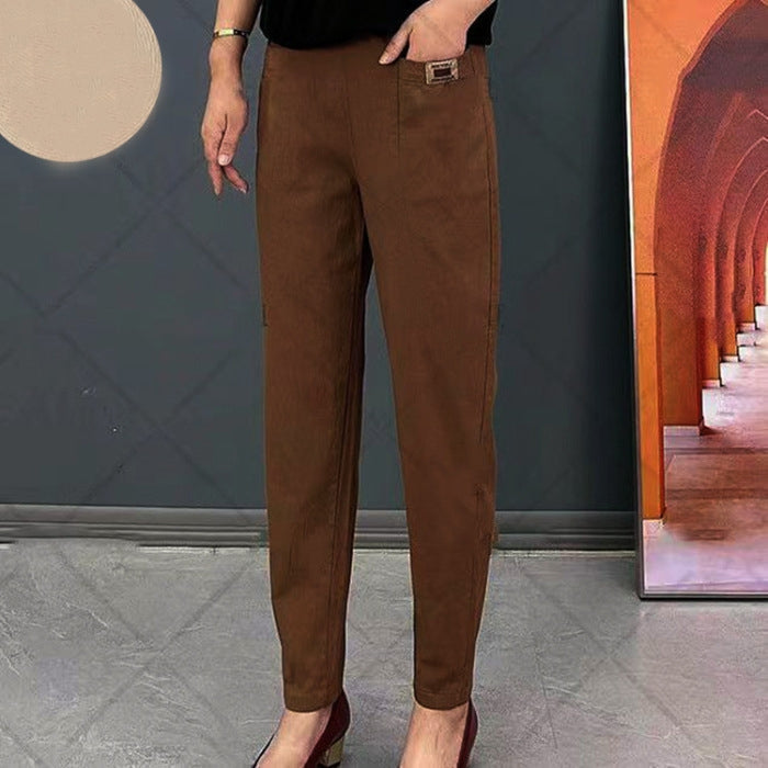 "Pantalon en coton moderne avec ajustement élastique, disponible en beige, noir, kaki, élégant et polyvalent pour femmes."