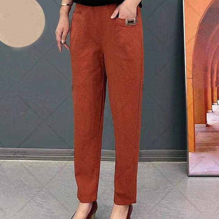 "Pantalon en coton moderne avec ajustement élastique, disponible en beige, noir, kaki, élégant et polyvalent pour femmes."