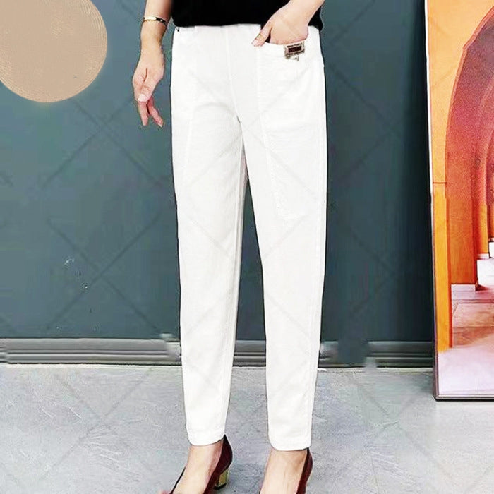 "Pantalon en coton moderne avec ajustement élastique, disponible en beige, noir, kaki, élégant et polyvalent pour femmes."
