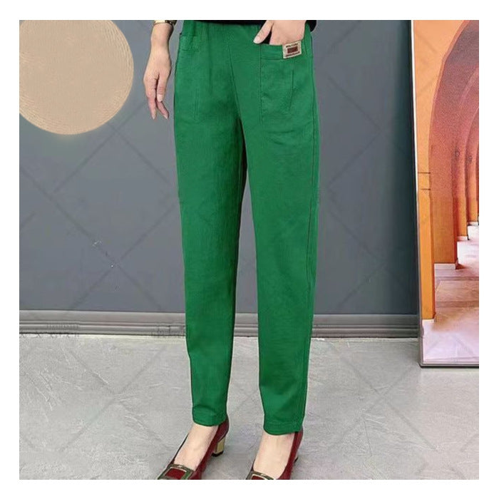 "Pantalon en coton moderne avec ajustement élastique, disponible en beige, noir, kaki, élégant et polyvalent pour femmes."