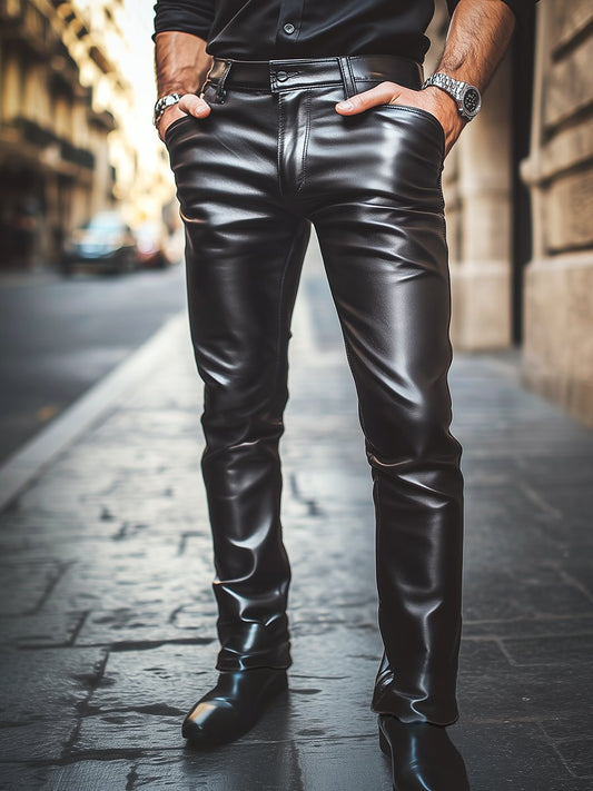 Pantalon en cuir noir décontracté élégant et confortable pour homme, coupe moderne et ajustement parfait, vue de face.