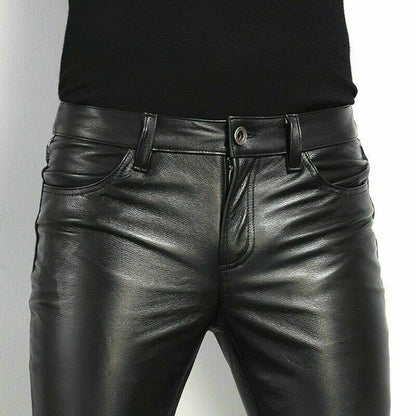 "Pantalon en cuir noir slim fit pour hommes, coupe ajustée moderne, cuir souple offrant confort et élégance"