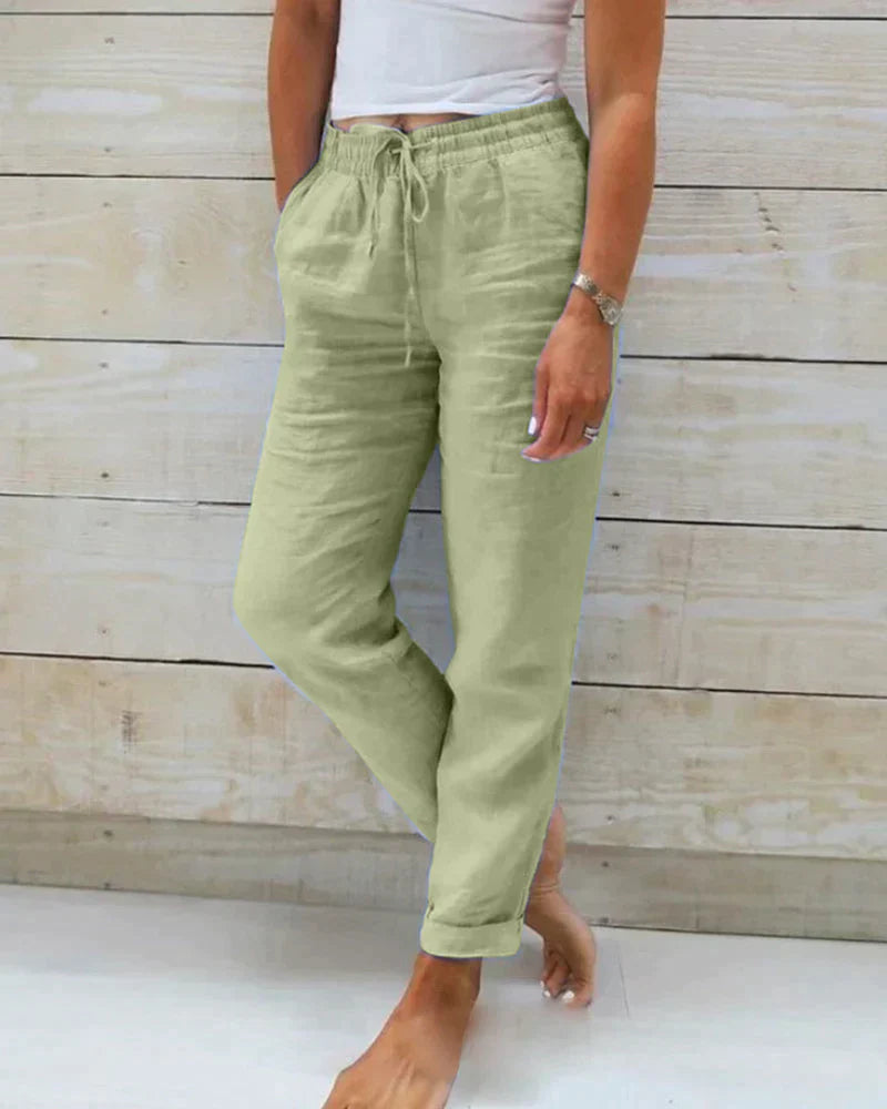 "Pantalon en lin ample et léger pour femme, style décontracté, idéal pour l'été, couleur beige."