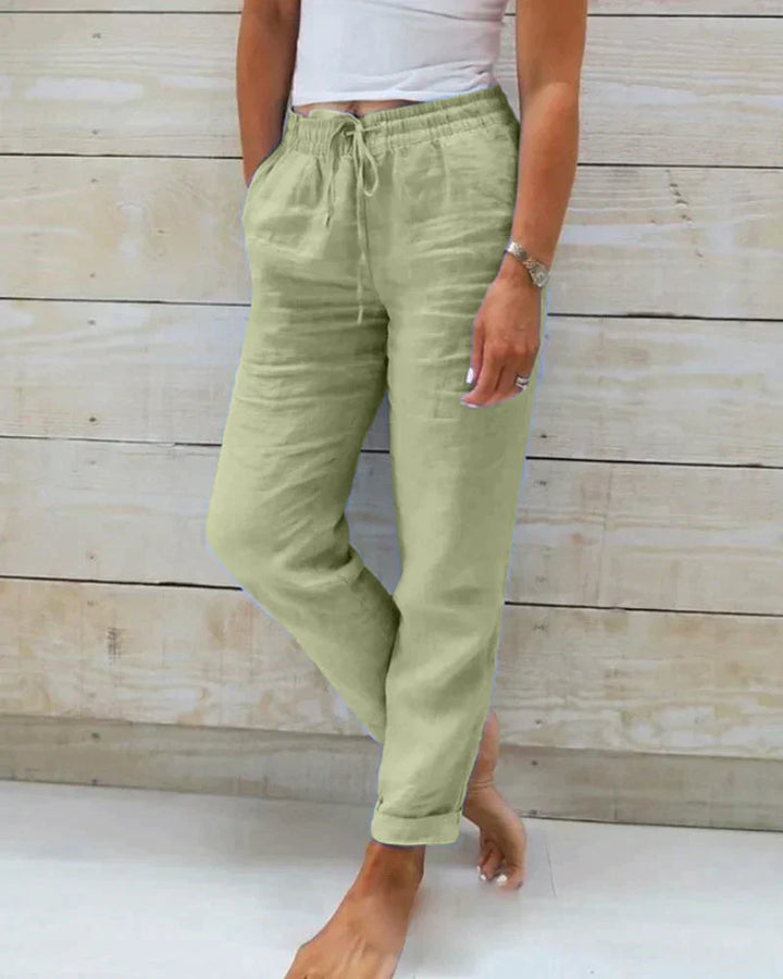 "Pantalon en lin ample et léger pour femme, style décontracté, idéal pour l'été, couleur beige."