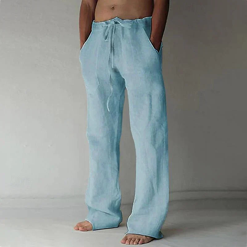 Pantalon en lin ample pour homme, couleur naturelle, style décontracté et confortable, idéal pour les jours chauds.