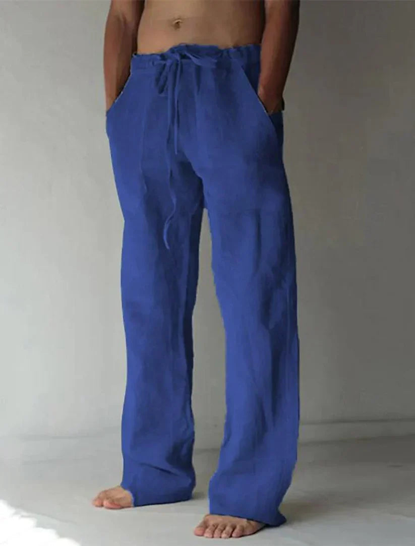 Pantalon en lin ample pour homme, couleur naturelle, style décontracté et confortable, idéal pour les jours chauds.