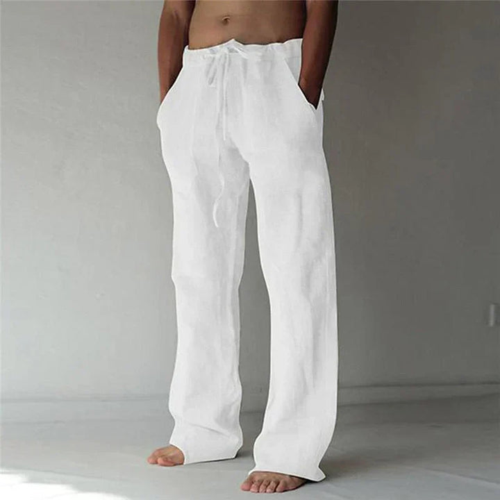 Pantalon en lin ample pour homme, couleur naturelle, style décontracté et confortable, idéal pour les jours chauds.