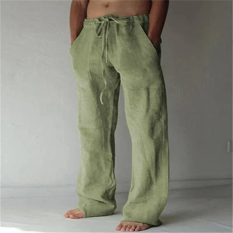Pantalon en lin ample pour homme, couleur naturelle, style décontracté et confortable, idéal pour les jours chauds.