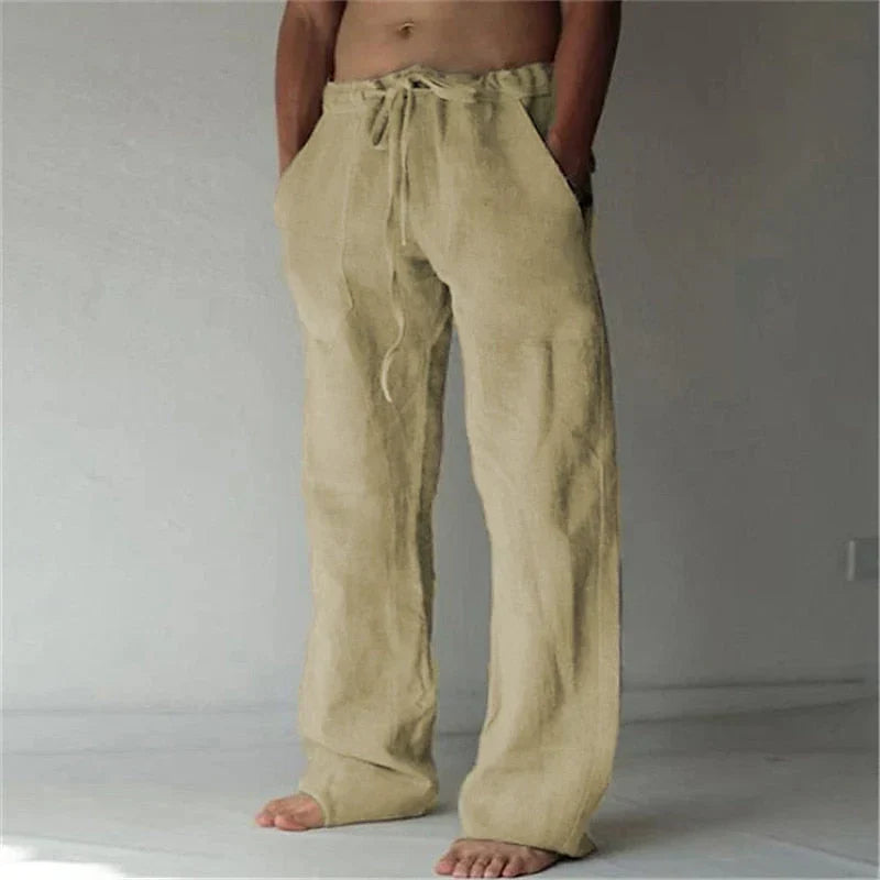 Pantalon en lin ample pour homme, couleur naturelle, style décontracté et confortable, idéal pour les jours chauds.