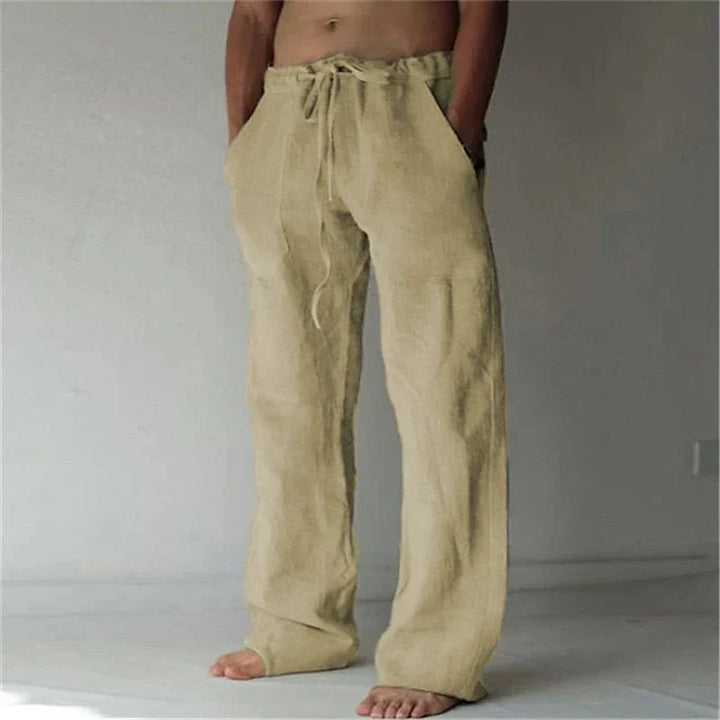 Pantalon en lin ample pour homme, couleur naturelle, style décontracté et confortable, idéal pour les jours chauds.