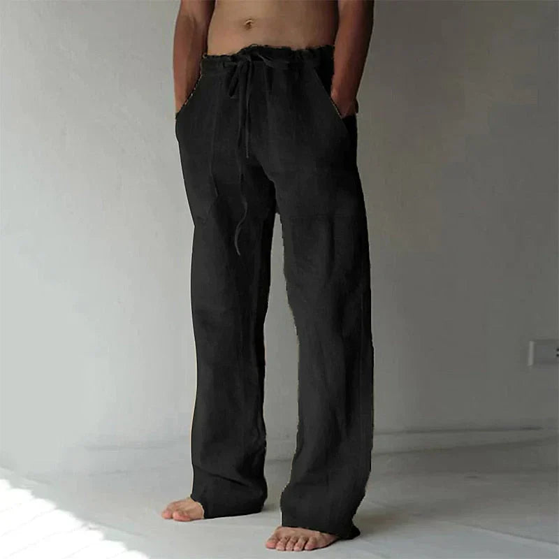Pantalon en lin ample pour homme, couleur naturelle, style décontracté et confortable, idéal pour les jours chauds.
