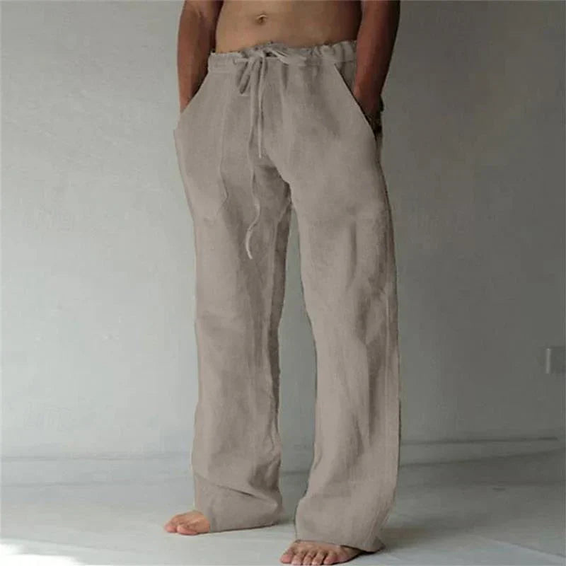 Pantalon en lin ample pour homme, couleur naturelle, style décontracté et confortable, idéal pour les jours chauds.