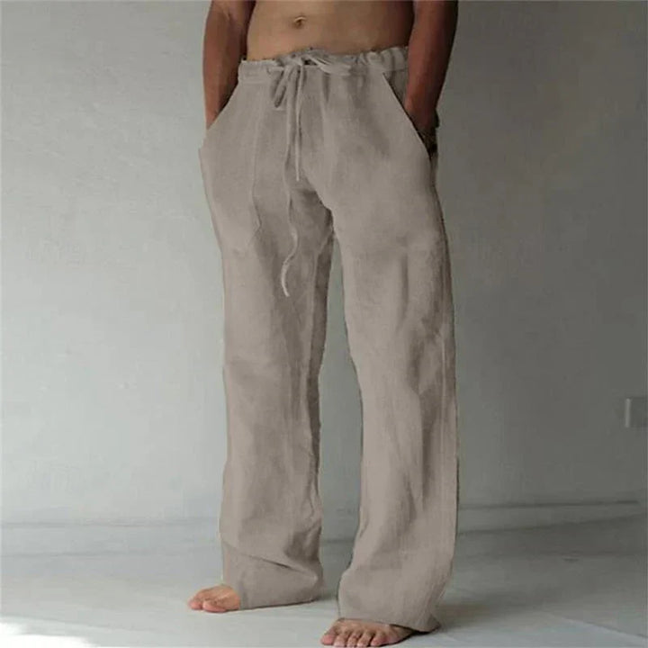 Pantalon en lin ample pour homme, couleur naturelle, style décontracté et confortable, idéal pour les jours chauds.