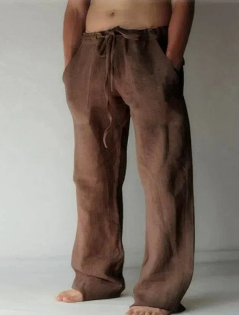 Pantalon en lin ample pour homme, couleur naturelle, style décontracté et confortable, idéal pour les jours chauds.