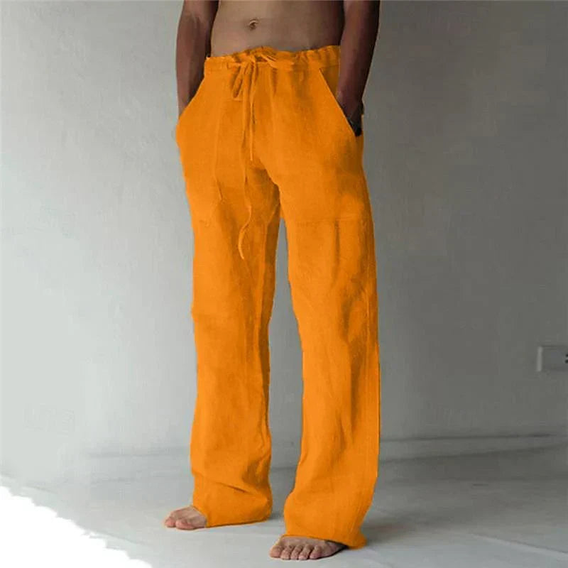 Pantalon en lin ample pour homme, couleur naturelle, style décontracté et confortable, idéal pour les jours chauds.