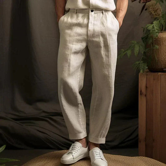 Pantalon en lin beige pour homme, style décontracté, léger et respirant, idéal pour l'été.