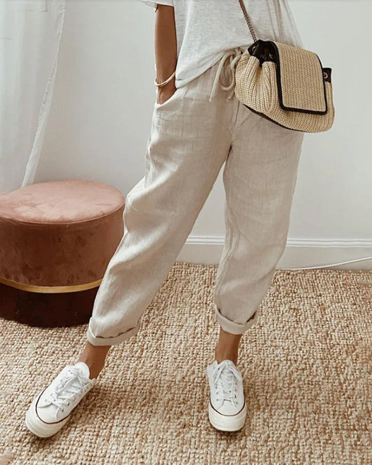 "Pantalon en lin décontracté femme, coupe ample, taille haute élastique, léger et anti-transpiration pour l'été."