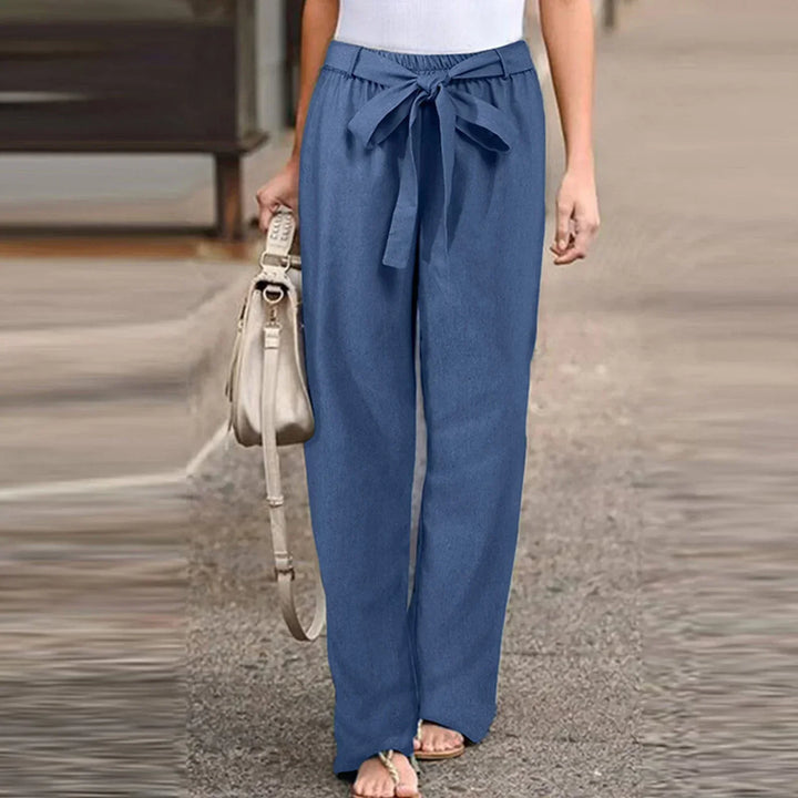 Pantalon en lin femme taille haute, décontracté, coupe ample, ceinture ajustable, idéal pour l'été, confort respirant.