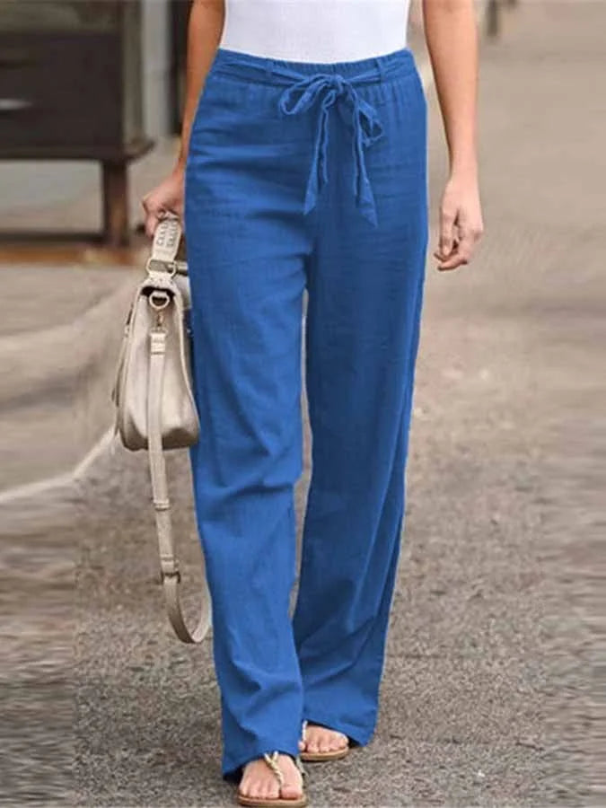 "Pantalon en lin léger et élégant pour femmes, coupe ample, ceinture ajustable, idéal pour l'été et les looks décontractés."