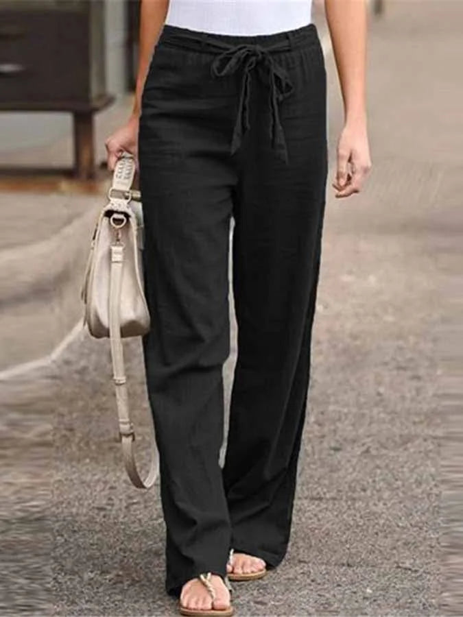 "Pantalon en lin léger et élégant pour femmes, coupe ample, ceinture ajustable, idéal pour l'été et les looks décontractés."