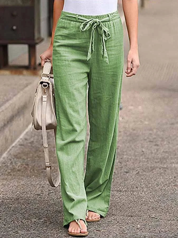 "Pantalon en lin léger et élégant pour femmes, coupe ample, ceinture ajustable, idéal pour l'été et les looks décontractés."