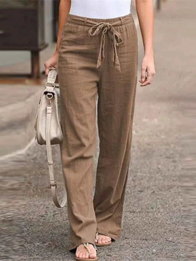 "Pantalon en lin léger et élégant pour femmes, coupe ample, ceinture ajustable, idéal pour l'été et les looks décontractés."
