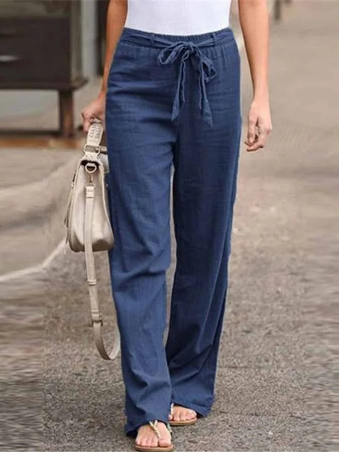 "Pantalon en lin léger et élégant pour femmes, coupe ample, ceinture ajustable, idéal pour l'été et les looks décontractés."