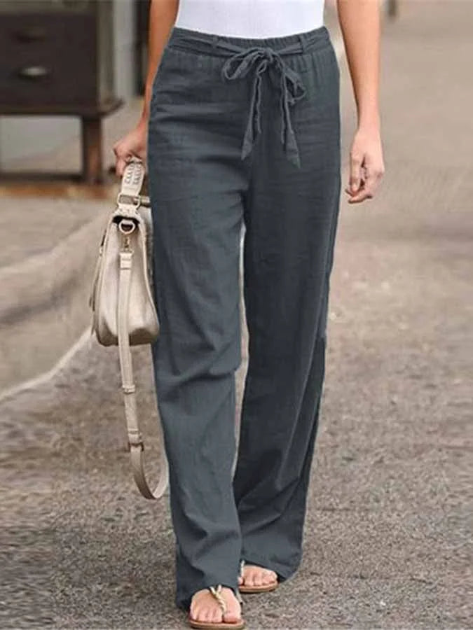 "Pantalon en lin léger et élégant pour femmes, coupe ample, ceinture ajustable, idéal pour l'été et les looks décontractés."