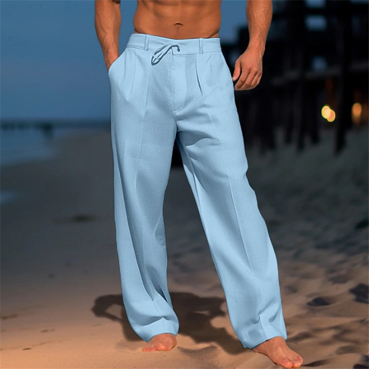 Pantalon en lin léger pour homme, coupe décontractée, couleur neutre, détail cordon ajustable, idéal pour look casual-chic.