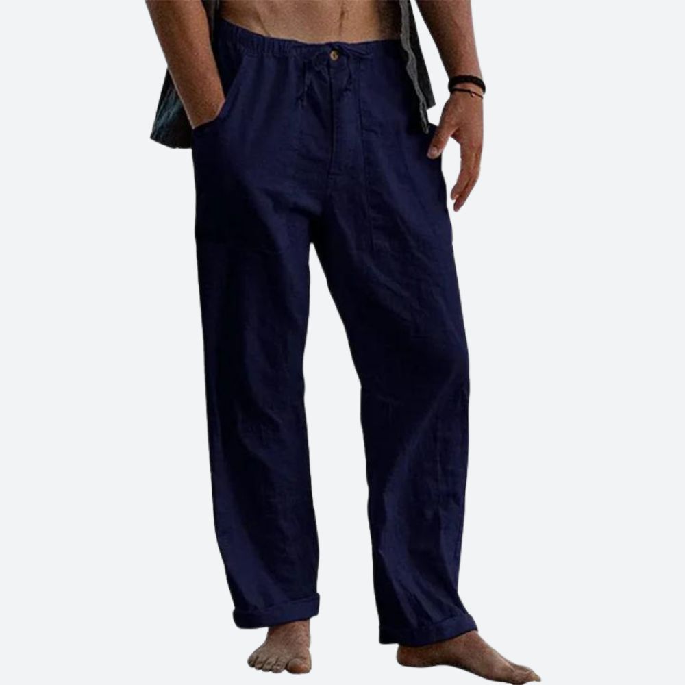 Pantalon en lin léger pour homme, coupe droite élégante, idéal pour l'été. Confort respirant et style classique.