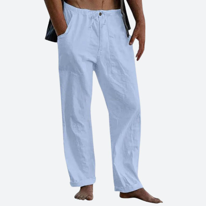 Pantalon en lin léger pour homme, coupe droite élégante, idéal pour l'été. Confort respirant et style classique.