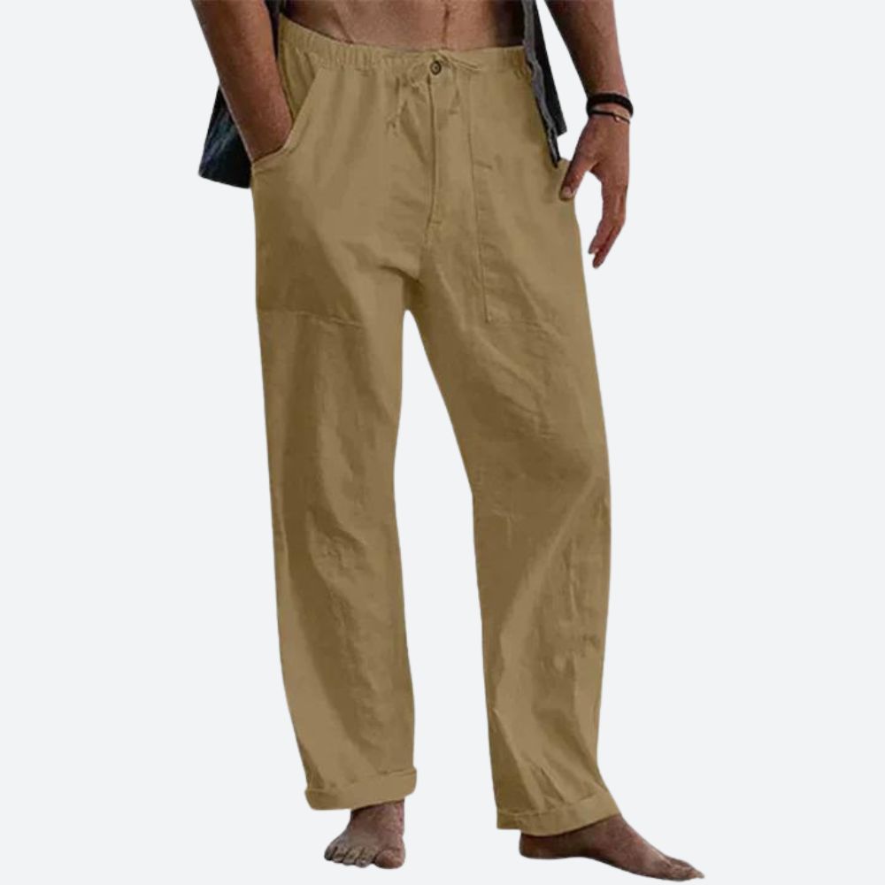 Pantalon en lin léger pour homme, coupe droite élégante, idéal pour l'été. Confort respirant et style classique.