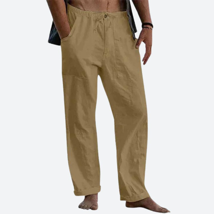 Pantalon en lin léger pour homme, coupe droite élégante, idéal pour l'été. Confort respirant et style classique.