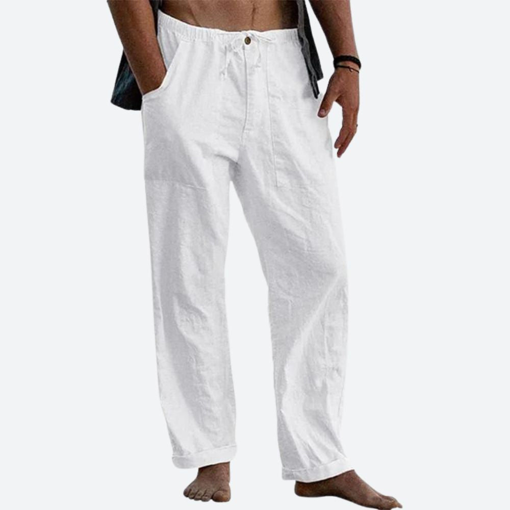 Pantalon en lin léger pour homme, coupe droite élégante, idéal pour l'été. Confort respirant et style classique.
