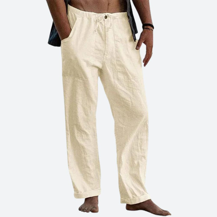 Pantalon en lin léger pour homme, coupe droite élégante, idéal pour l'été. Confort respirant et style classique.
