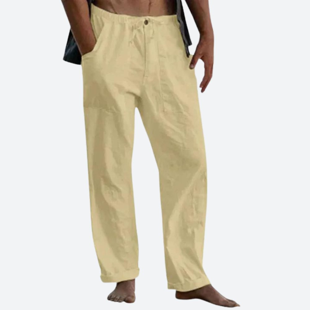 Pantalon en lin léger pour homme, coupe droite élégante, idéal pour l'été. Confort respirant et style classique.