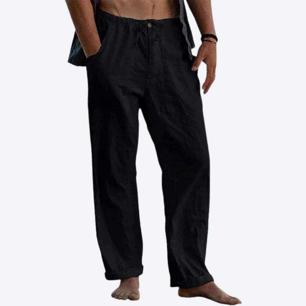 Pantalon en lin léger pour homme, coupe droite élégante, idéal pour l'été. Confort respirant et style classique.
