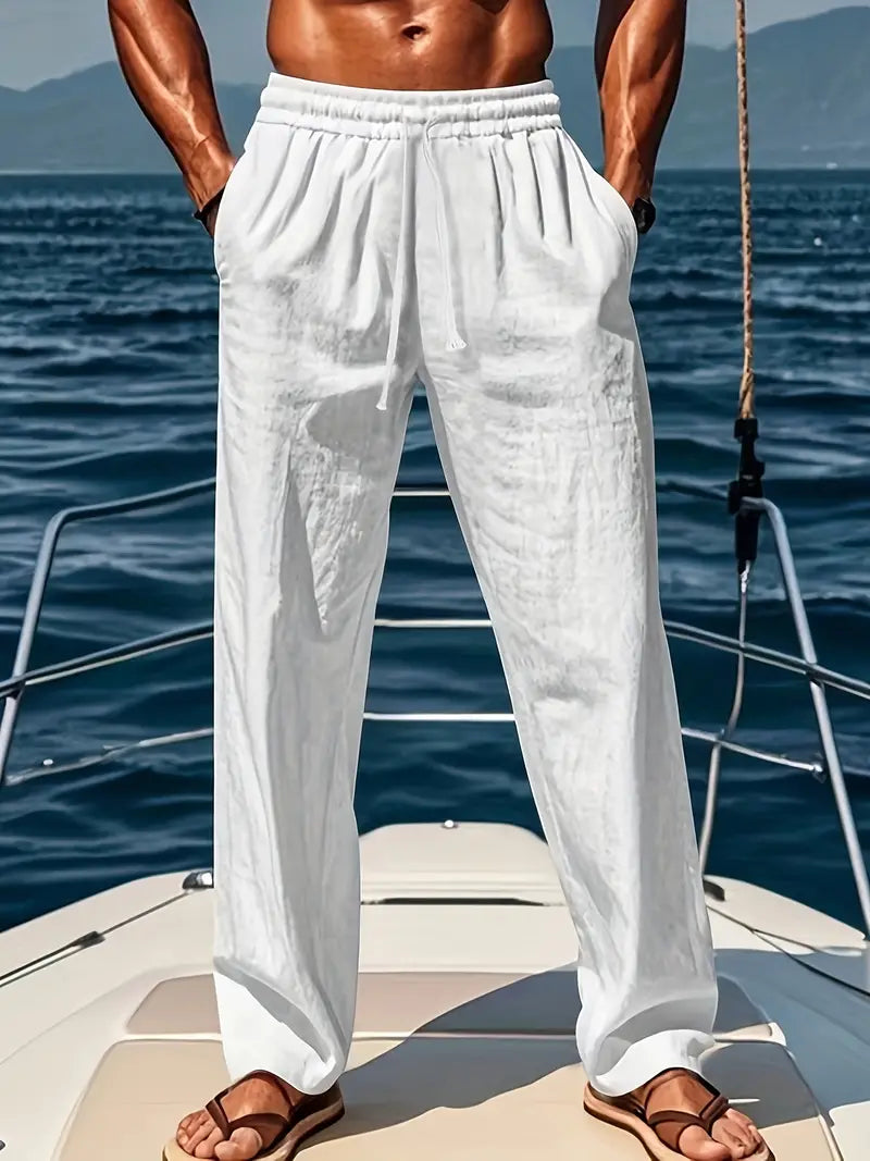 Pantalon en lin léger pour hommes, coupe décontractée, couleur neutre, idéal pour l'été, confort et élégance.