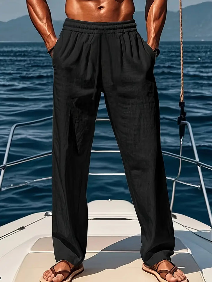 Pantalon en lin léger pour hommes, coupe décontractée, couleur neutre, idéal pour l'été, confort et élégance.