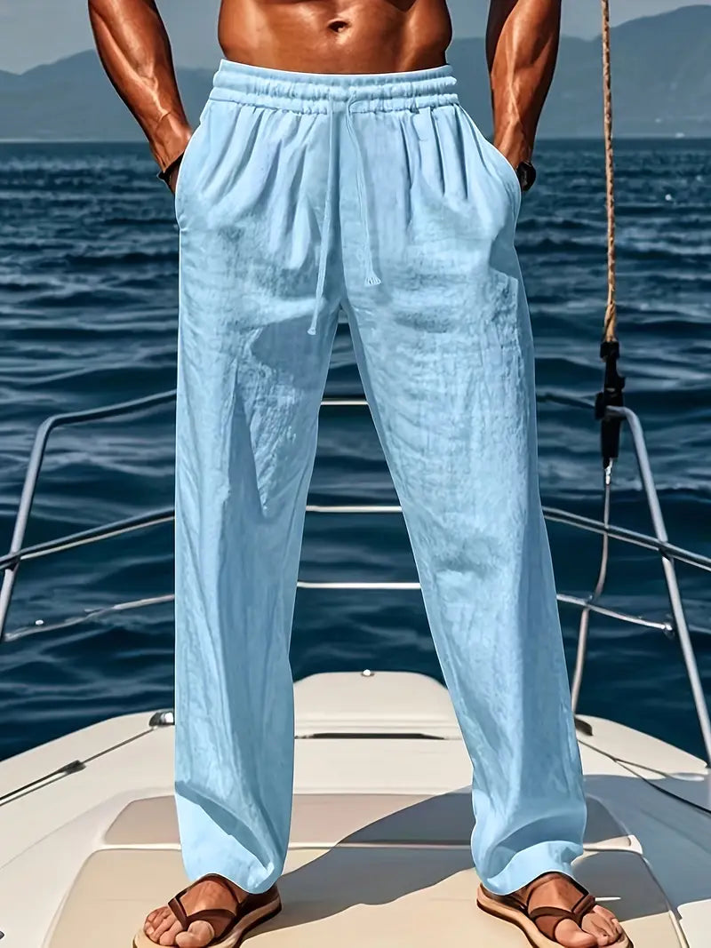 Pantalon en lin léger pour hommes, coupe décontractée, couleur neutre, idéal pour l'été, confort et élégance.
