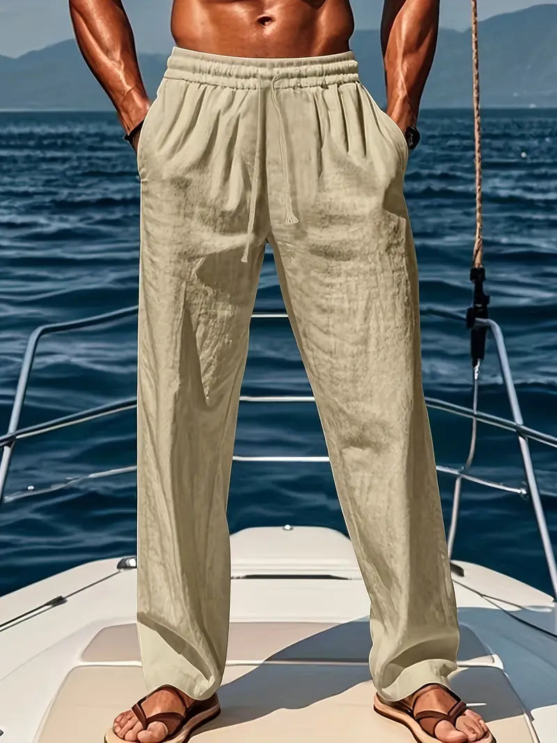 Pantalon en lin léger pour hommes, coupe décontractée, couleur neutre, idéal pour l'été, confort et élégance.