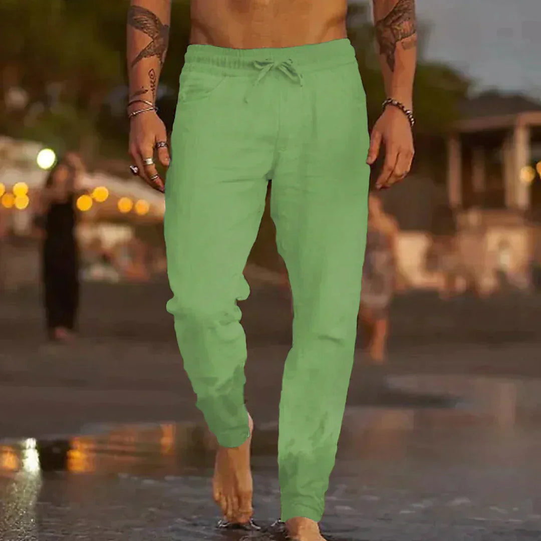 "Pantalon en lin léger pour hommes, coupe décontractée, disponible en beige, blanc, bleu, gris et noir, parfait pour l'été."