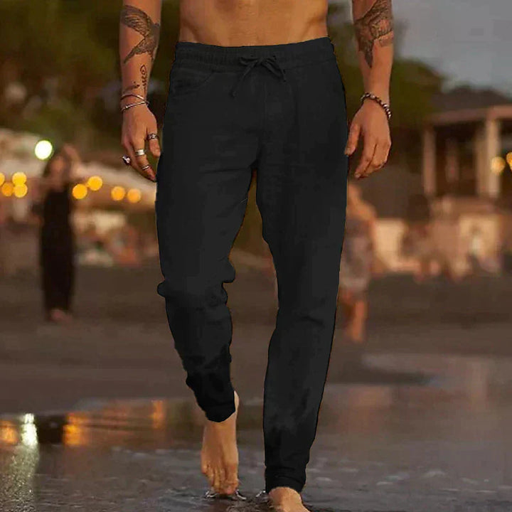 "Pantalon en lin léger pour hommes, coupe décontractée, disponible en beige, blanc, bleu, gris et noir, parfait pour l'été."